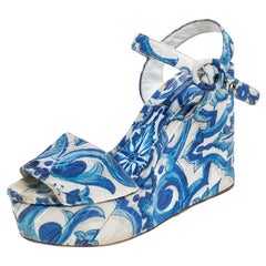 Dolce and Gabbana Blue/White Majolica Print Canvas Ankle Strap Size 38. ...