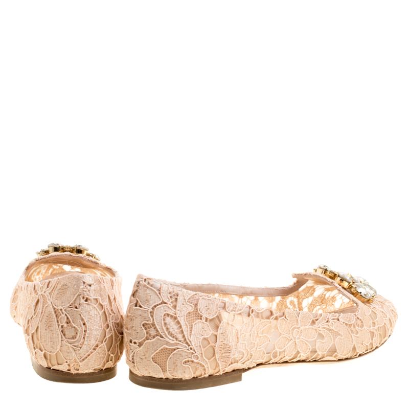 White Dolce and Gabbana Blush Pink Lace Crystal Embellished Ballet Flats Size 39