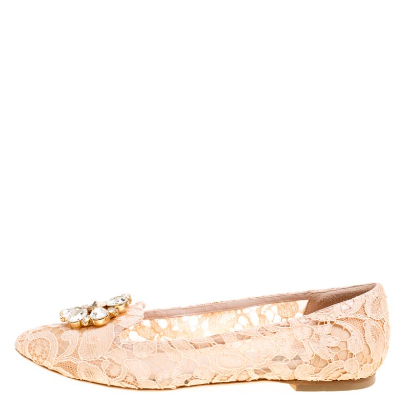 Women's Dolce and Gabbana Blush Pink Lace Crystal Embellished Ballet Flats Size 39