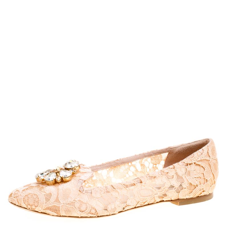 Dolce and Gabbana Blush Pink Lace Crystal Embellished Ballet Flats Size 39