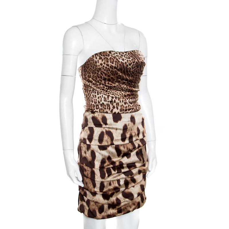 Dolce and Gabbana Brown Animal Printed Silk Ruched Strapless Corset Dress M In Good Condition In Dubai, Al Qouz 2