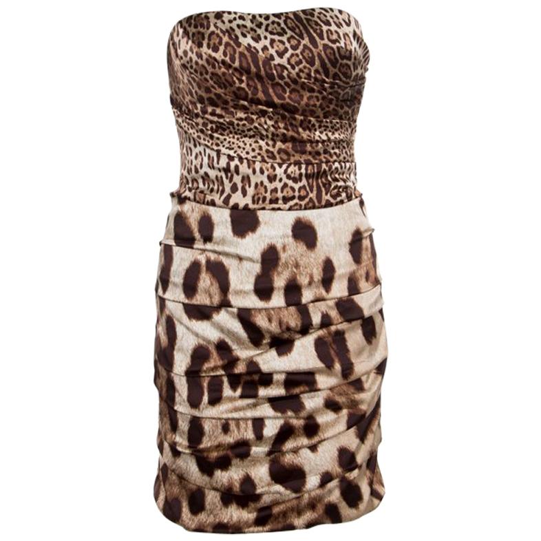 Dolce and Gabbana Brown Animal Printed Silk Ruched Strapless Corset Dress M