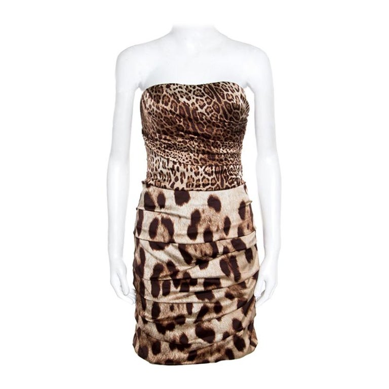 Dolce and Gabbana Brown Animal Printed Silk Ruched Strapless Corset ...