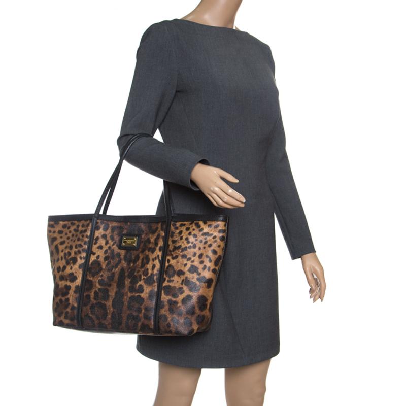 Gray Dolce and Gabbana Brown/Black Leopard Print Coated Canvas Tote