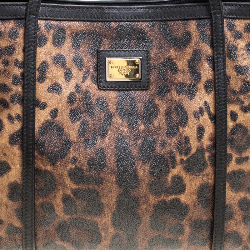 Women's Dolce and Gabbana Brown/Black Leopard Print Coated Canvas Tote