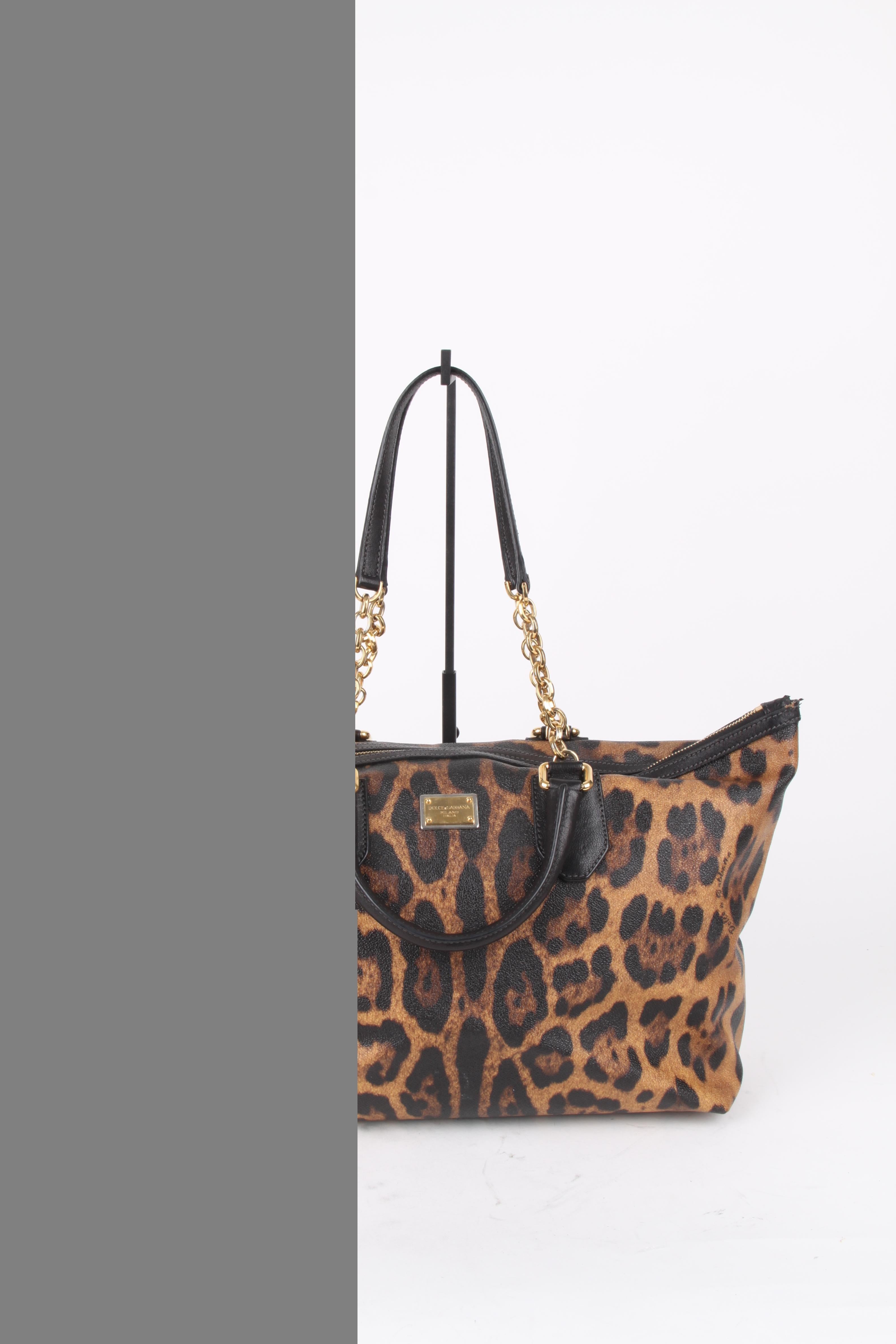   Dolce and Gabbana Brown Canvas Leather Leopard Print Handbag    In Excellent Condition In Baarn, NL