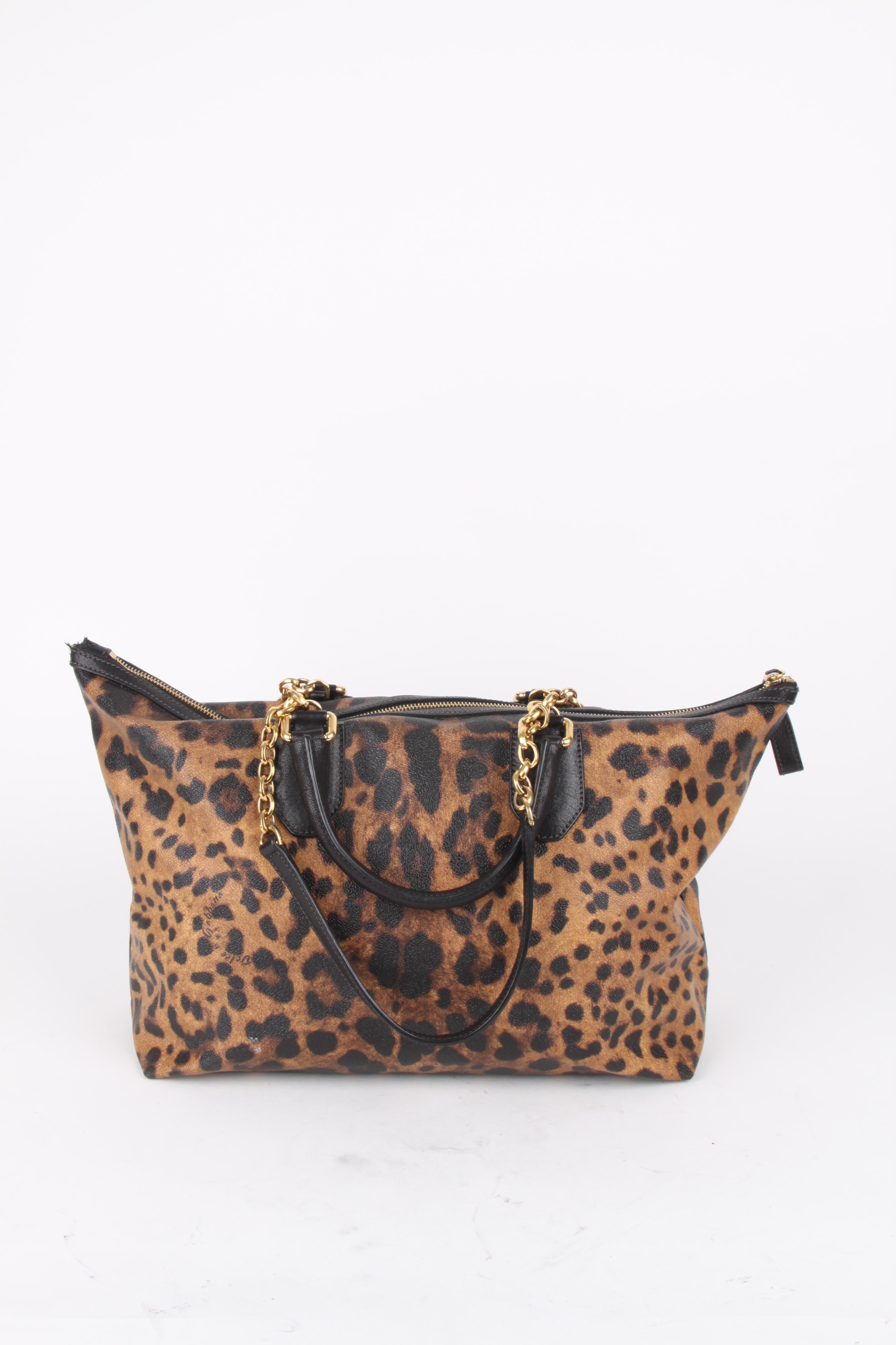 Women's or Men's   Dolce and Gabbana Brown Canvas Leather Leopard Print Handbag   