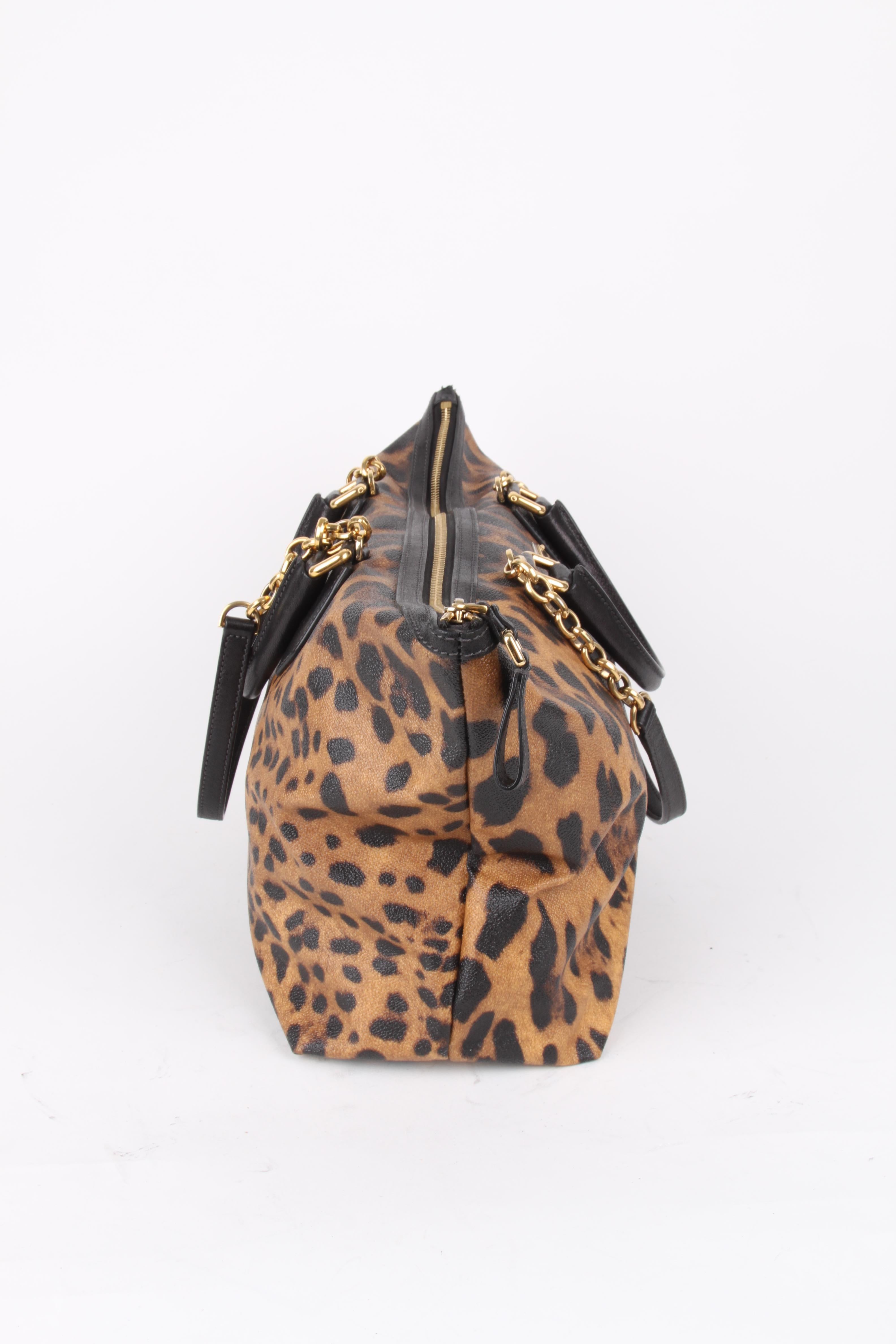   Dolce and Gabbana Brown Canvas Leather Leopard Print Handbag    1