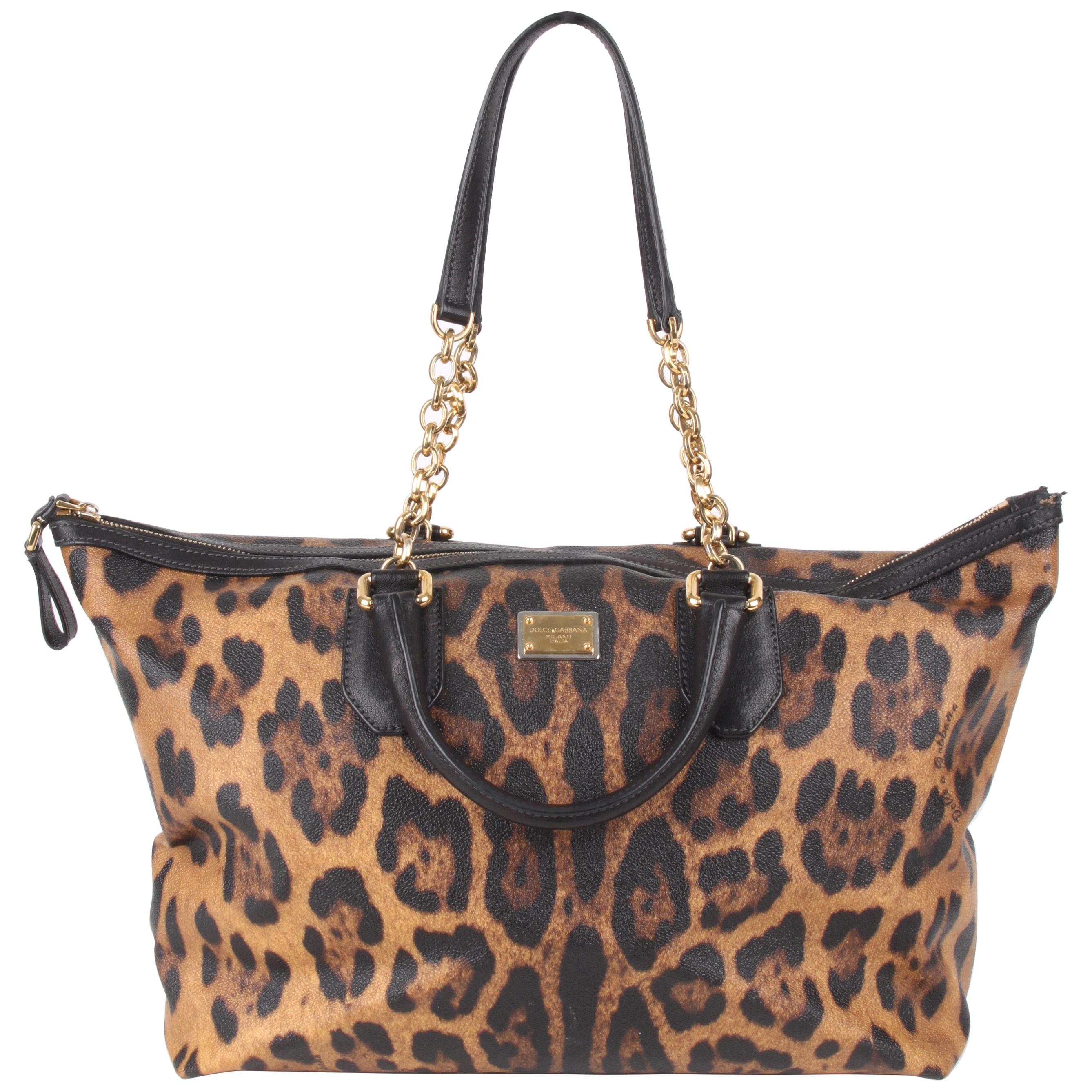   Dolce and Gabbana Brown Canvas Leather Leopard Print Handbag   