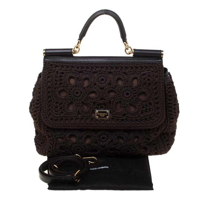 Dolce and Gabbana Brown Crochet Fabric Large Miss Sicily Top Handle Bag 6