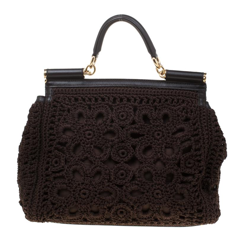 Black Dolce and Gabbana Brown Crochet Fabric Large Miss Sicily Top Handle Bag
