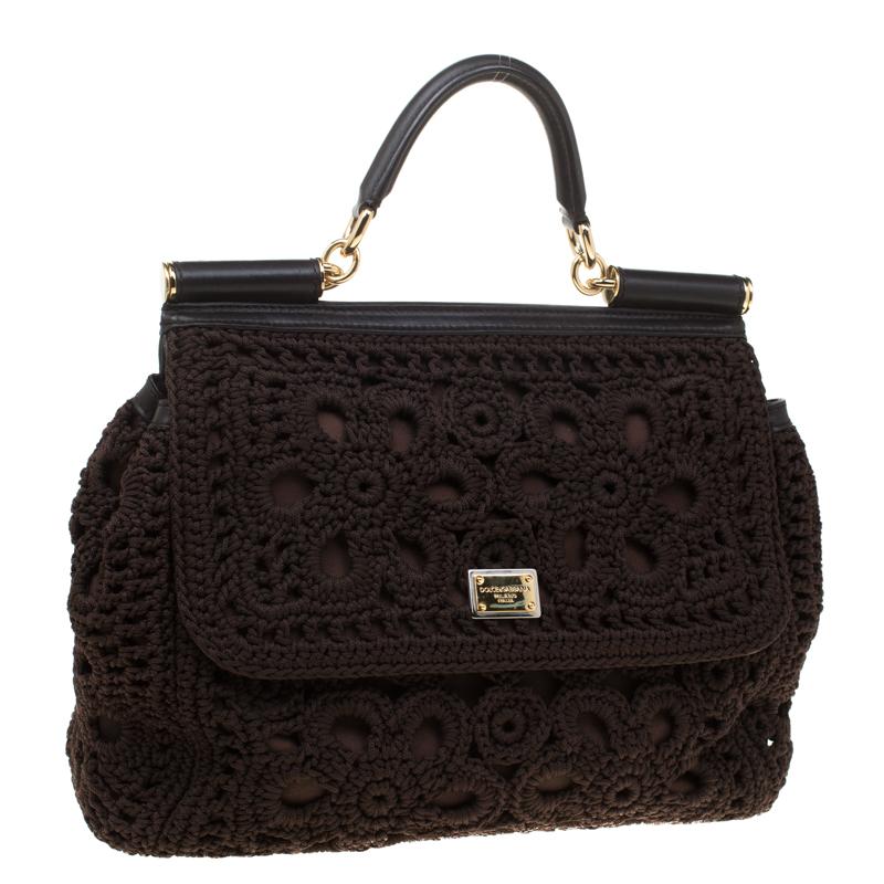 Dolce and Gabbana Brown Crochet Fabric Large Miss Sicily Top Handle Bag In Good Condition In Dubai, Al Qouz 2