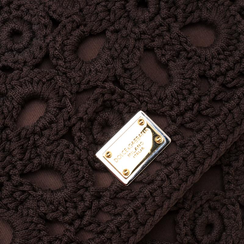 Dolce and Gabbana Brown Crochet Fabric Large Miss Sicily Top Handle Bag In Good Condition In Dubai, Al Qouz 2