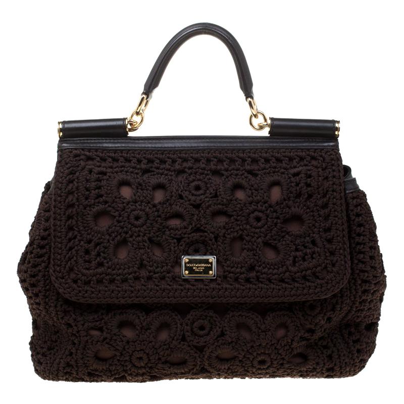 Dolce and Gabbana Brown Crochet Fabric Large Miss Sicily Top Handle Bag