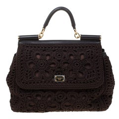 Dolce and Gabbana Brown Crochet Fabric Large Miss Sicily Top Handle Bag