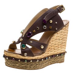 Dolce and Gabbana Brown Crystal Embellished Leather Espadrille Wedge Sandals 