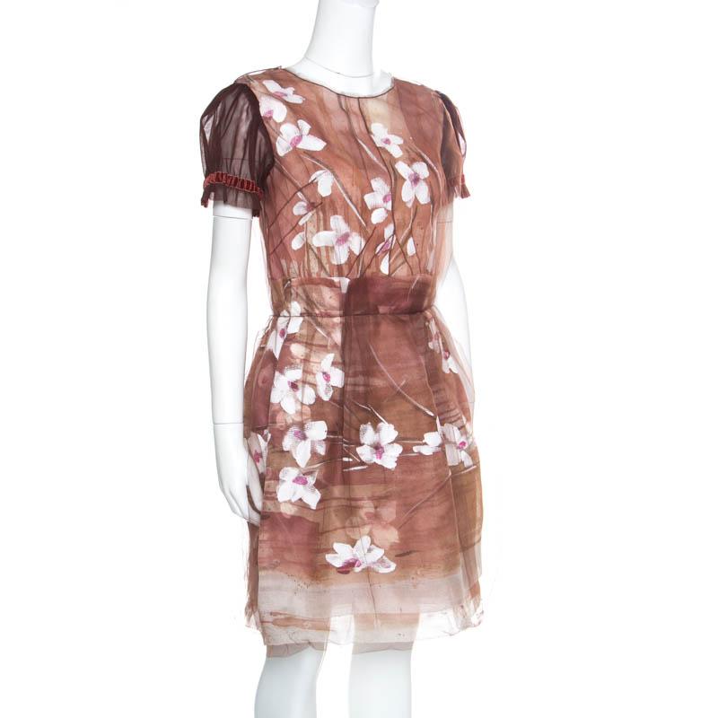 Dolce and Gabbana Brown Floral Print Organza Tulle Overlay Dress S In Excellent Condition In Dubai, Al Qouz 2
