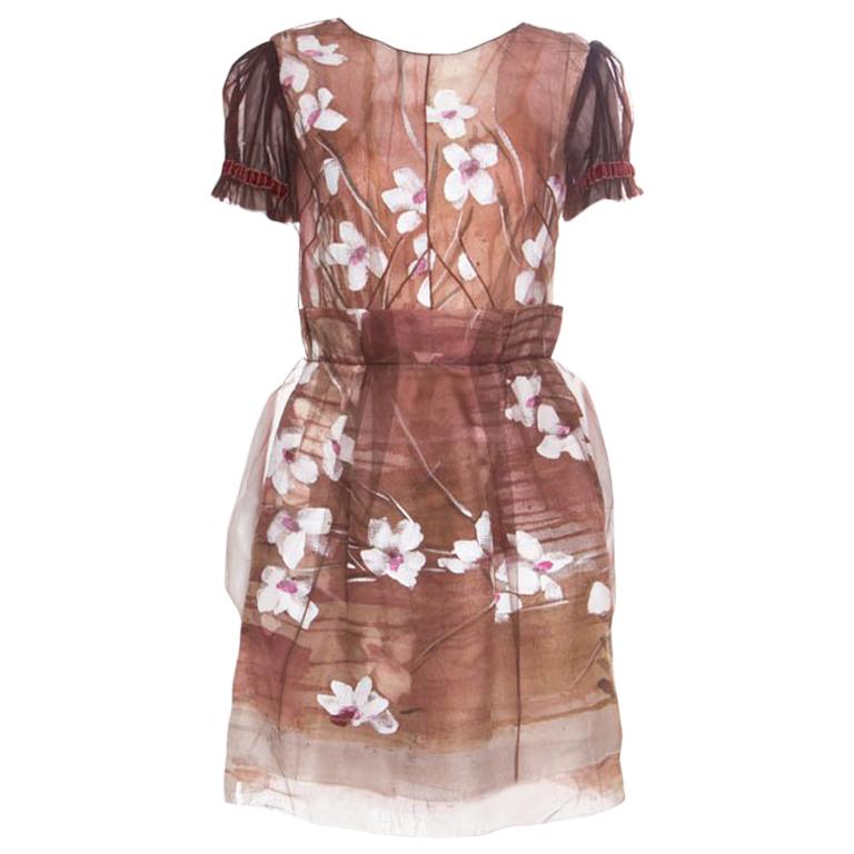 Dolce and Gabbana Brown Floral Print Organza Tulle Overlay Dress S