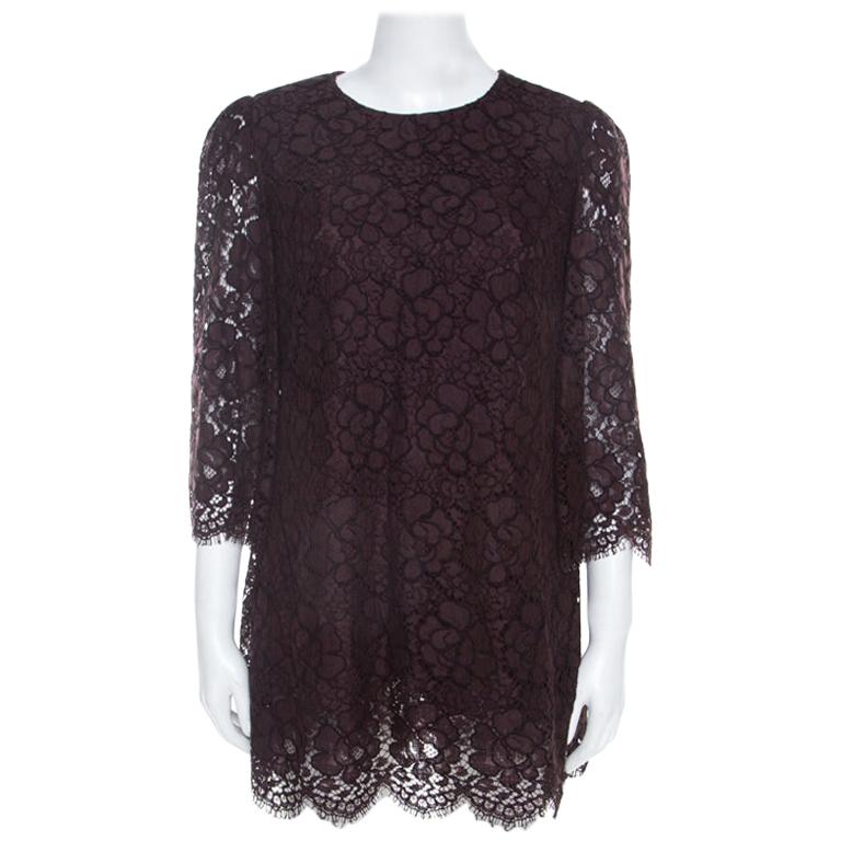 Dolce and Gabbana Brown Lace Three Quarter Sleeve Tunic Top M