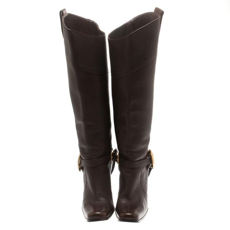 Black Dolce And Gabbana Brown Leather Buckle Detail Knee Length Boots Size 36.5