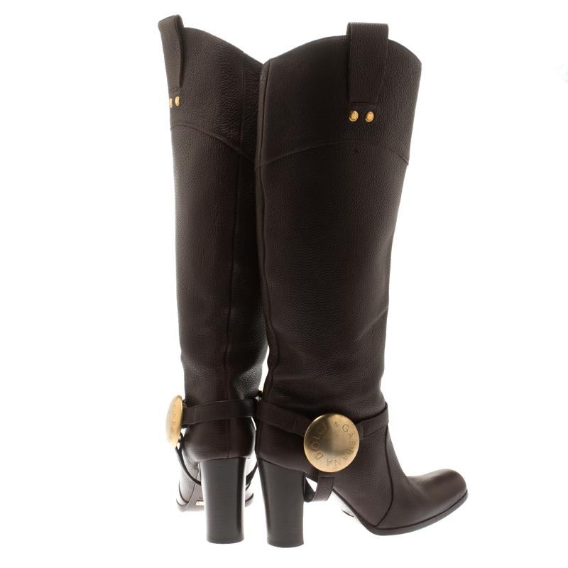Women's Dolce And Gabbana Brown Leather Buckle Detail Knee Length Boots Size 36.5