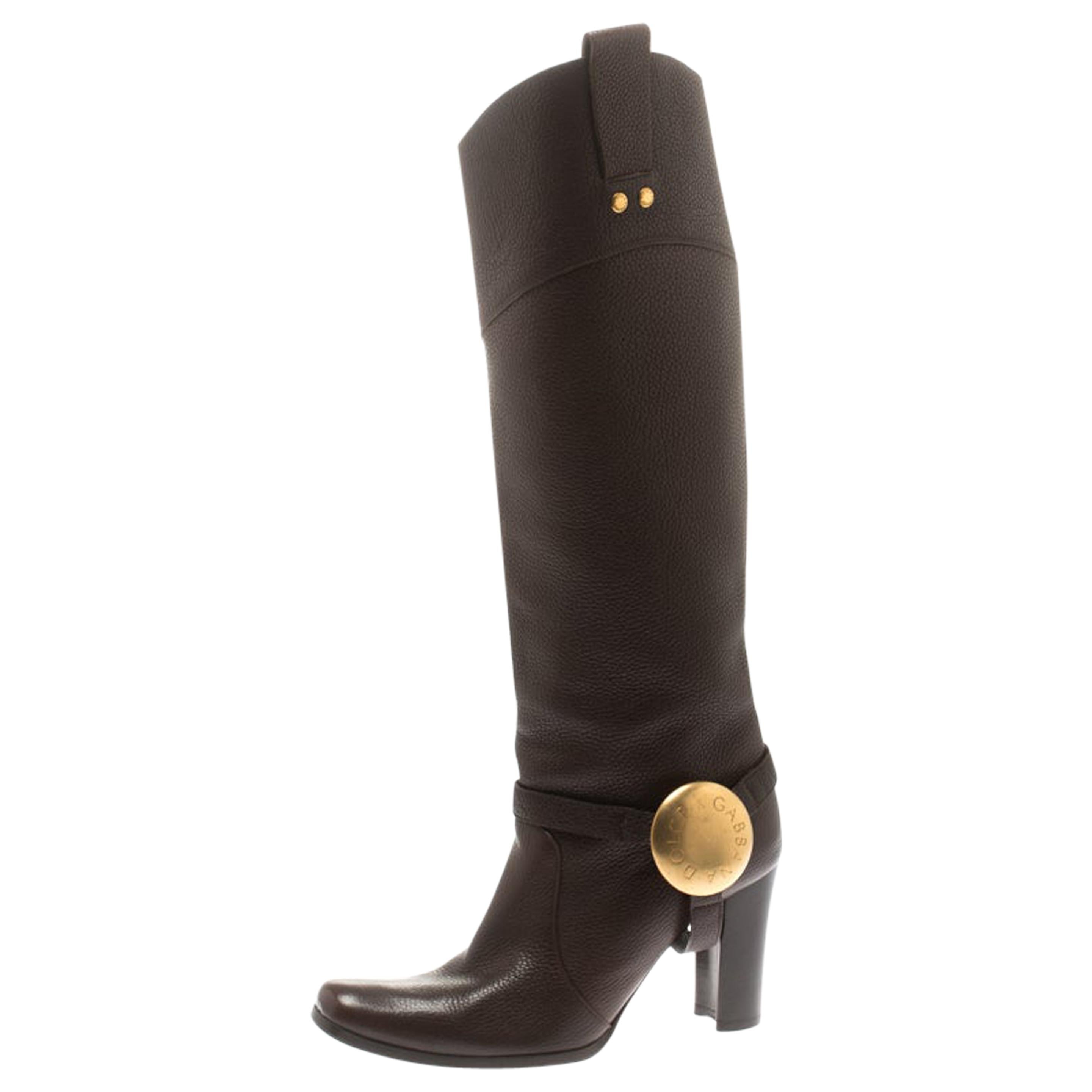 Dolce And Gabbana Brown Leather Buckle Detail Knee Length Boots Size 36.5
