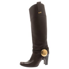 Dolce And Gabbana Brown Leather Buckle Detail Knee Length Boots Size 36.5