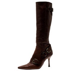 Dolce and Gabbana Brown Leather Buckle Detail Tall Pointed Boots Size 37