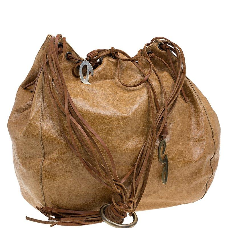 Dolce and Gabbana Brown Leather Fringe Charm Bucket Hobo 1