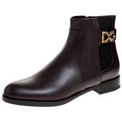 Dolce and Gabbana Brown Leather Logo Detail Ankle Boots Size 35.5