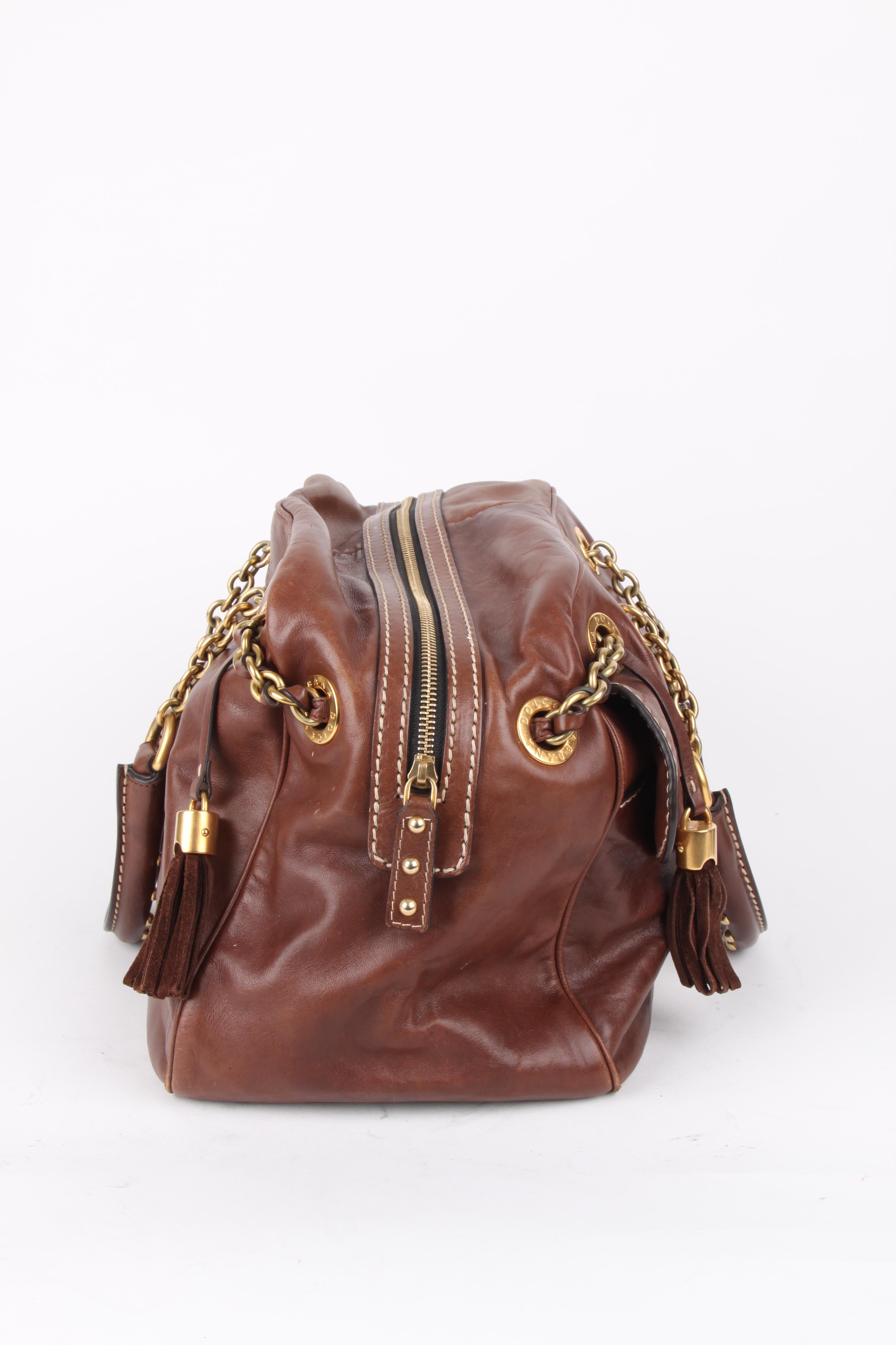 Dolce and Gabbana Brown Leather Tassle Chain Handbag For Sale 1