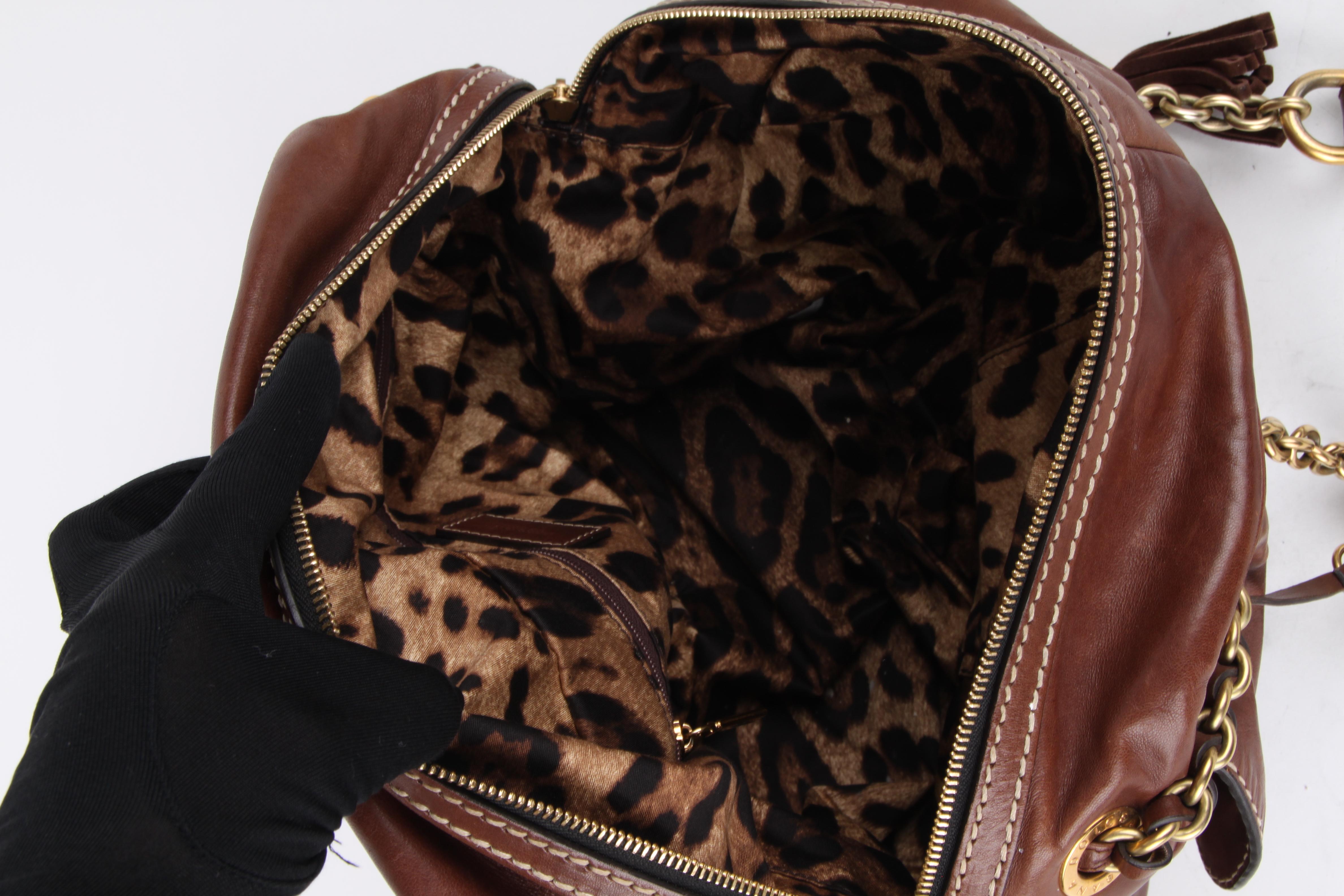 Dolce and Gabbana Brown Leather Tassle Chain Handbag For Sale 2
