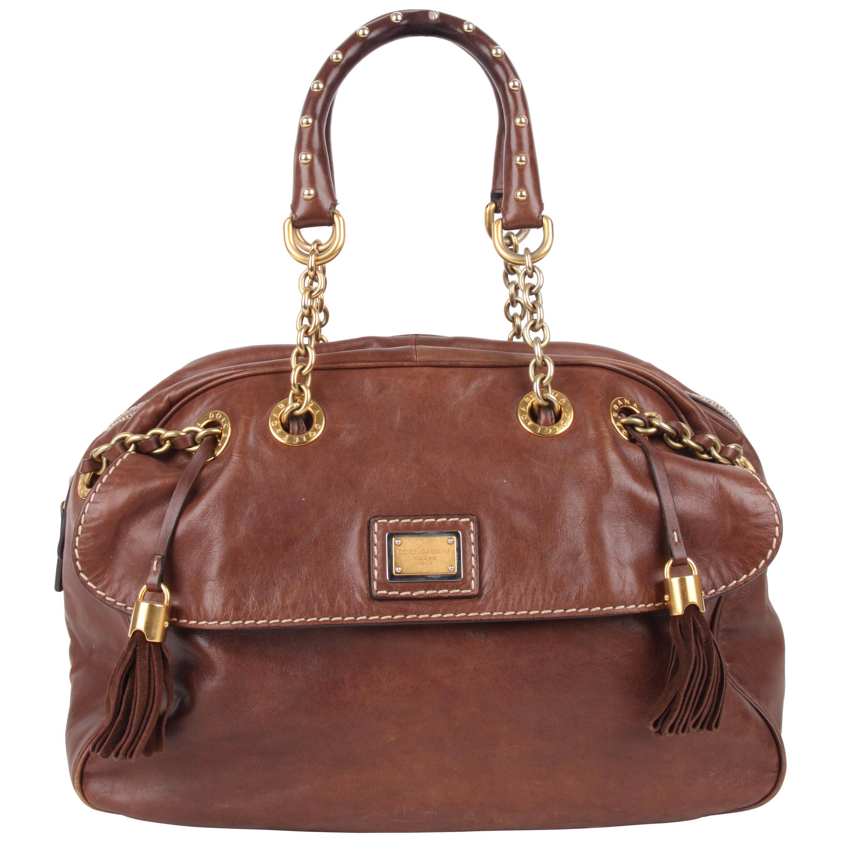 Dolce and Gabbana Brown Leather Tassle Chain Handbag For Sale
