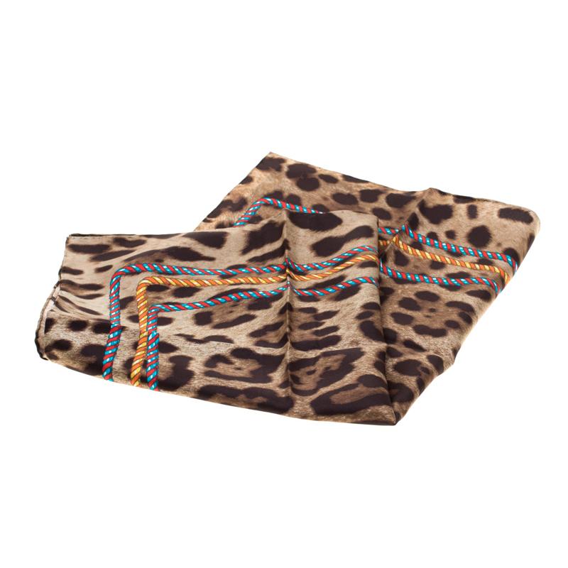 Women's Dolce and Gabbana Brown Leopard and Tassel Print Silk Square Scarf