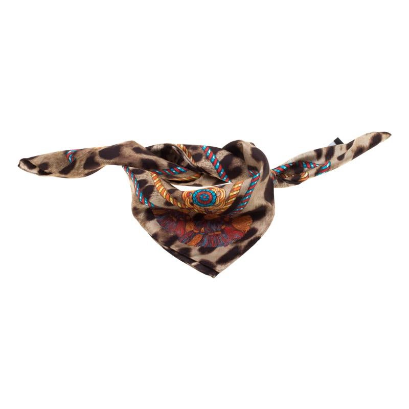 Dolce and Gabbana Brown Leopard and Tassel Print Silk Square Scarf