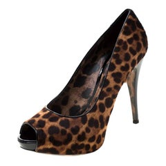 Dolce and Gabbana Brown Leopard Print Calf Hair Peep Toe Platform Pumps Size 41