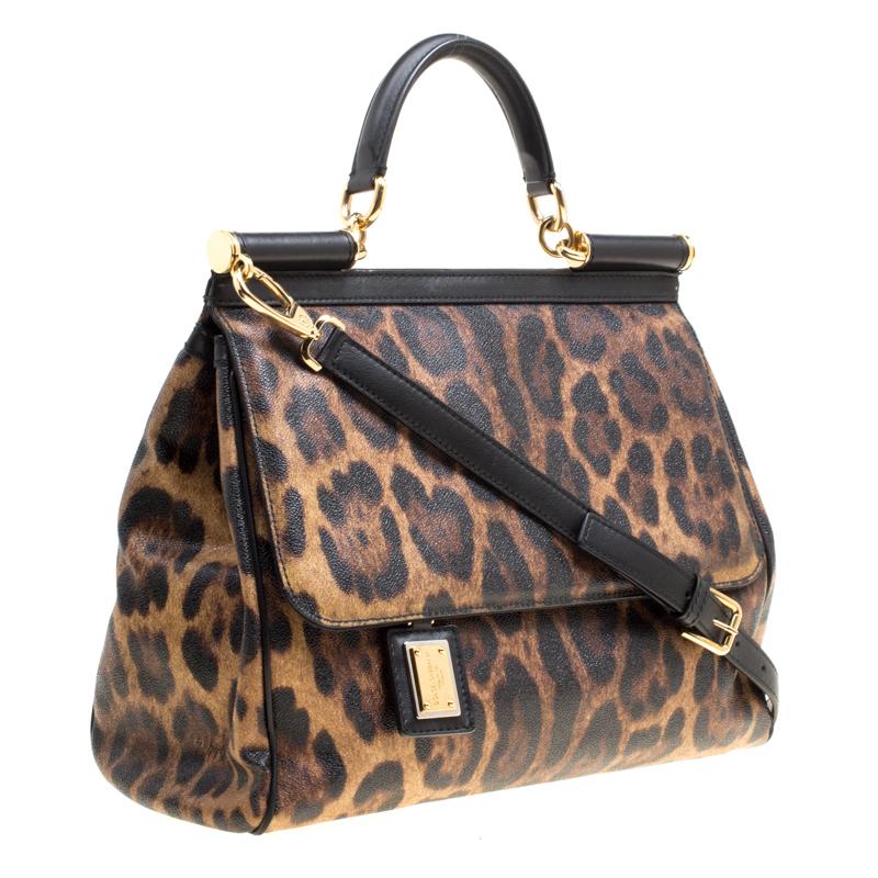 Black Dolce and Gabbana Brown Leopard Print Coated Canvas Large Miss Sicily Top Handle