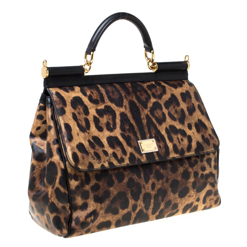 Dolce and Gabbana Brown Leopard Print Coated Canvas Large Miss Sicily Top Handle In Good Condition In Dubai, Al Qouz 2
