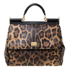 Dolce and Gabbana Brown Leopard Print Coated Canvas Large Miss Sicily Top Handle