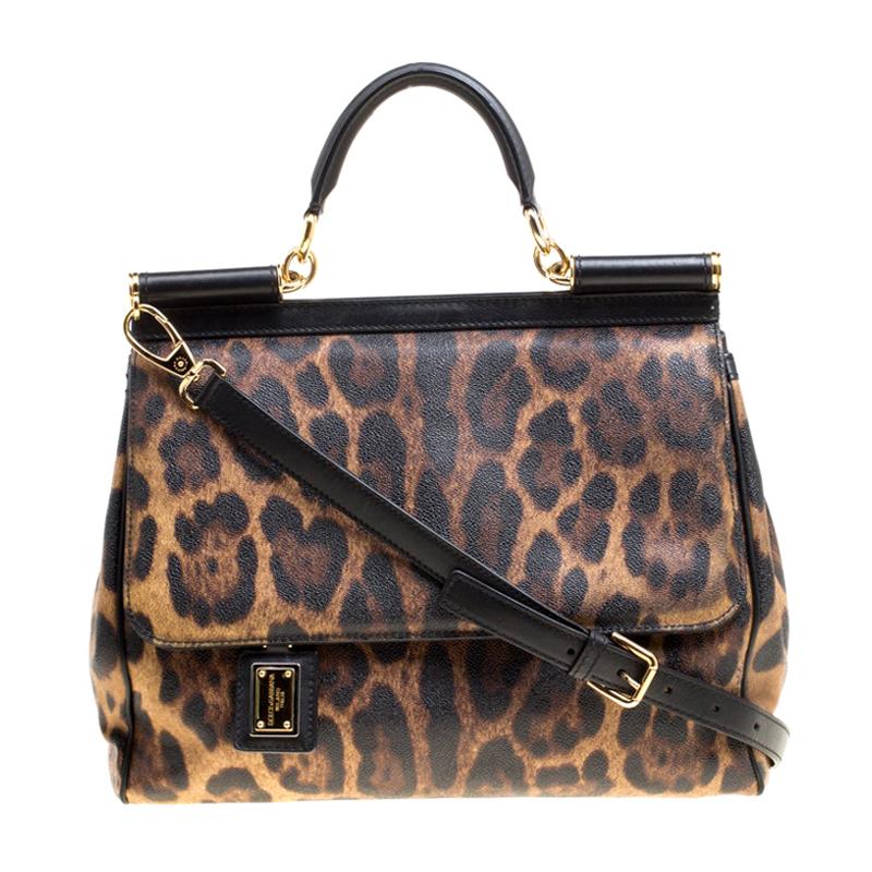 Dolce and Gabbana Brown Leopard Print Coated Canvas Large Miss Sicily Top Handle