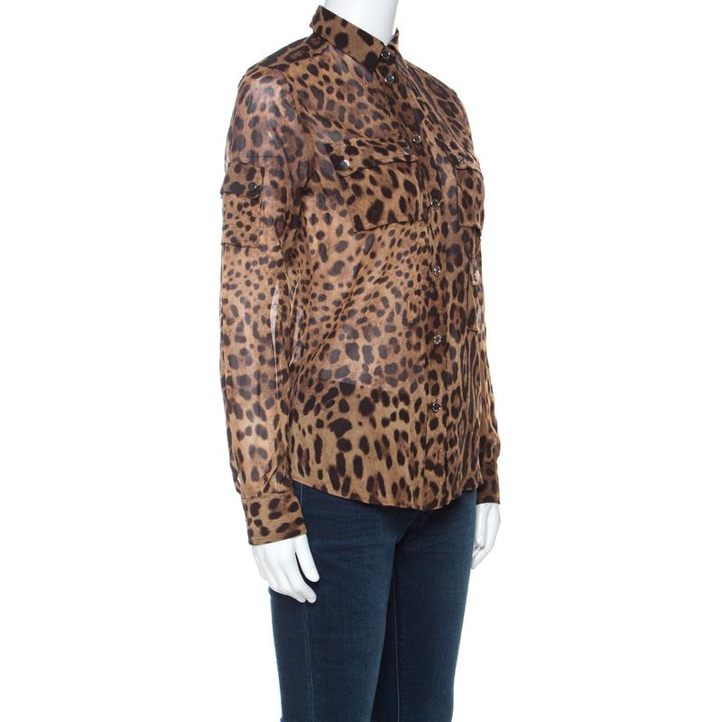 Dolce and Gabbana Brown Leopard Print Cotton and Silk Button Front Shirt S In Good Condition In Dubai, Al Qouz 2