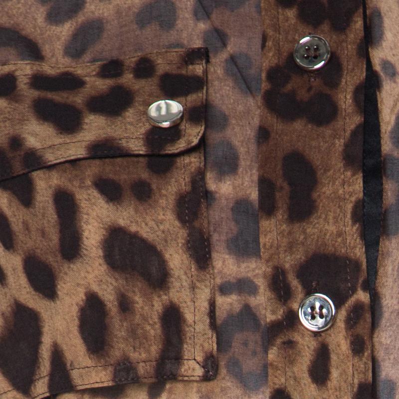 Women's Dolce and Gabbana Brown Leopard Print Cotton and Silk Button Front Shirt S