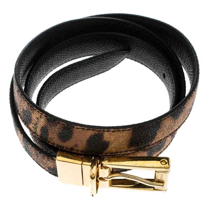 Black Dolce and Gabbana Brown Leopard Print Leather Belt 85cm