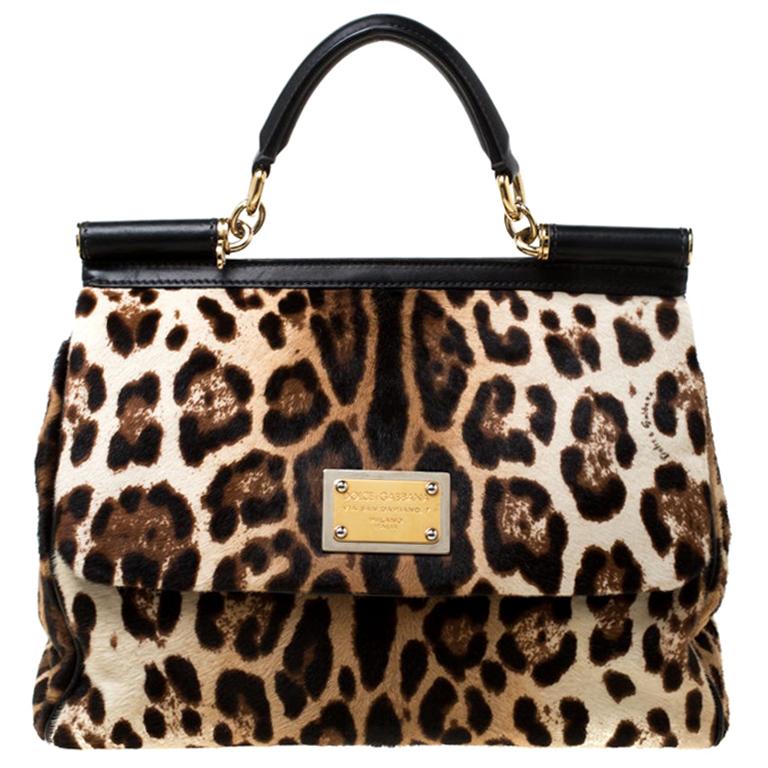 Dolce and Gabbana Brown Leopard Print Leather Large Miss Sicily Top Handle Bag