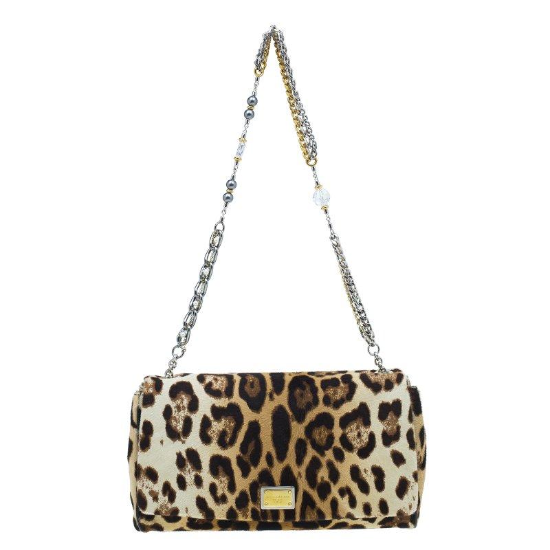 Dolce and Gabbana Brown Leopard Print Pony Hair Charles Shoulder Bag