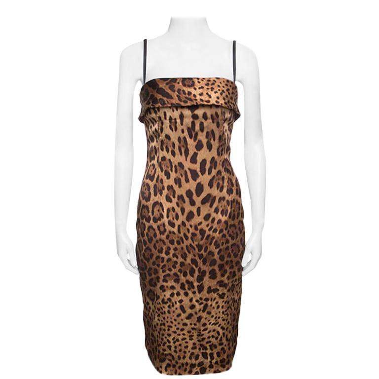 Dolce and Gabbana Brown Leopard Printed Satin Sheath Dress S
