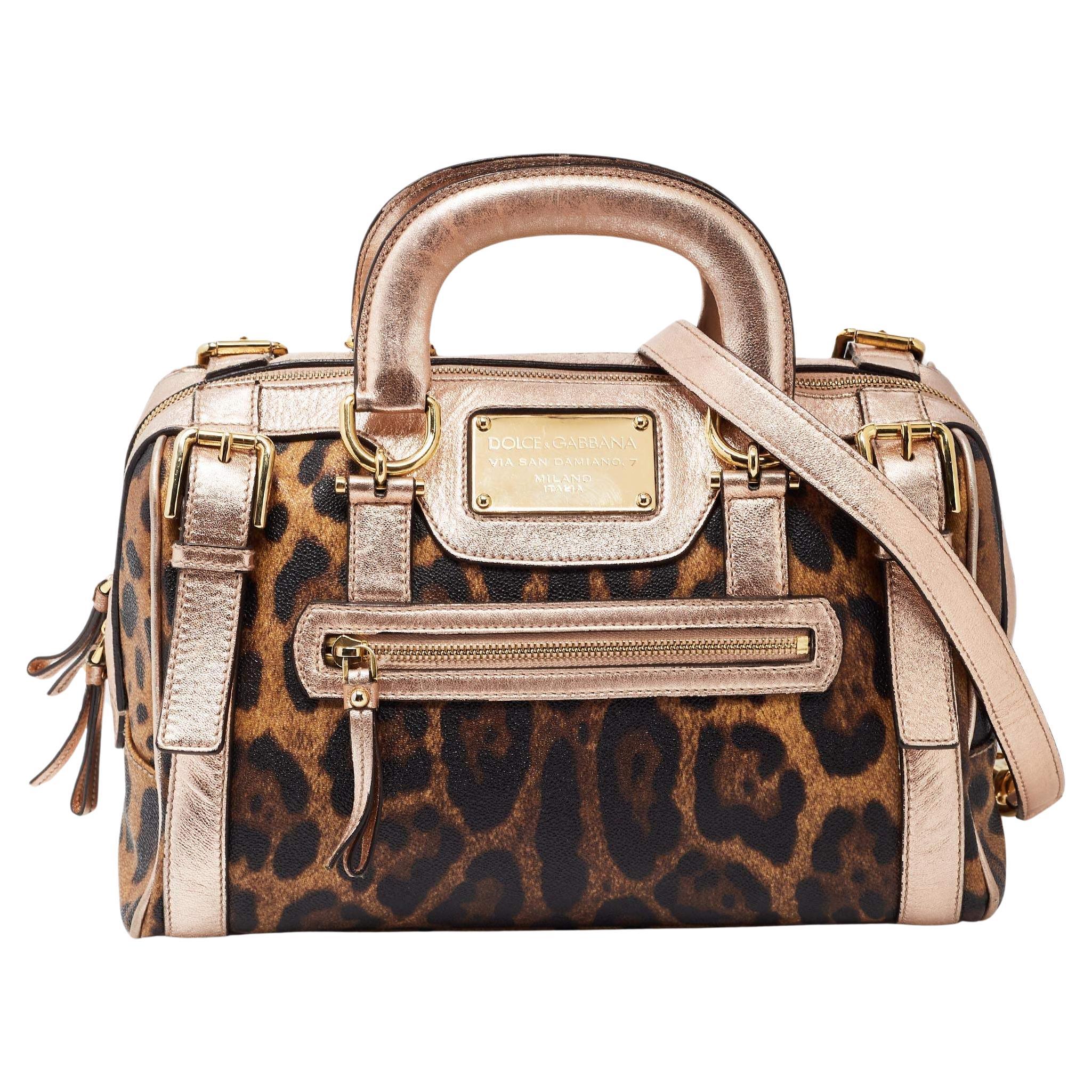 Dolce and Gabbana Brown/Metallic Pink Leopard Print Coated Canvas Satchel