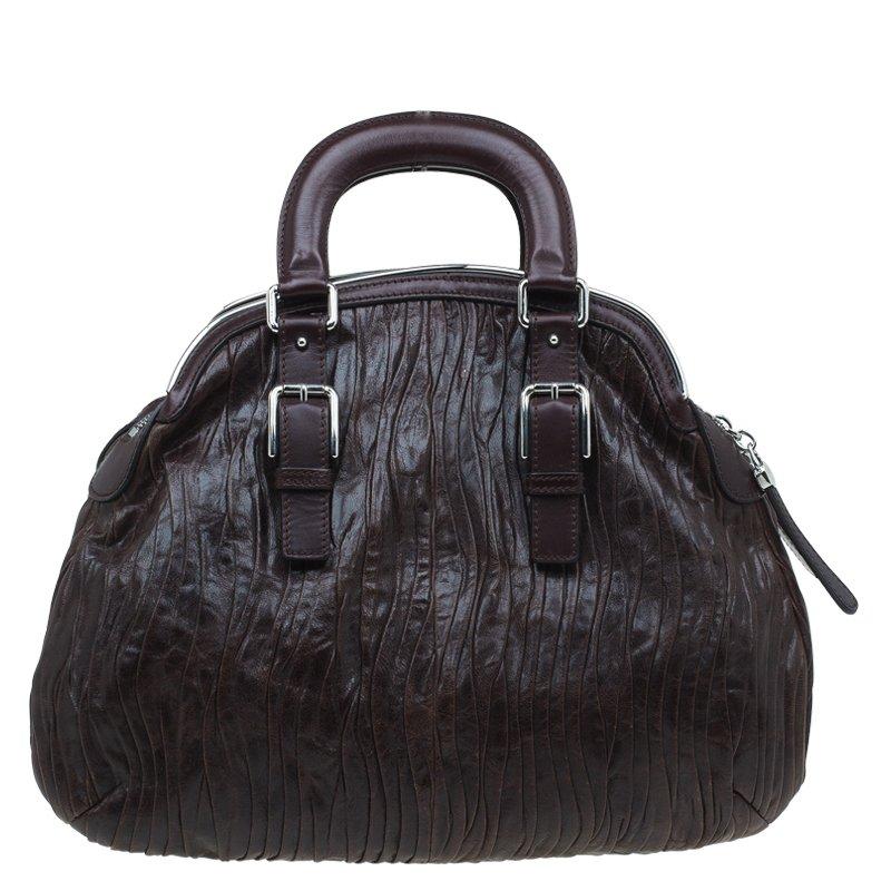 Black Dolce and Gabbana Brown Pleated Leather Miss Bauletto Dome Satchel