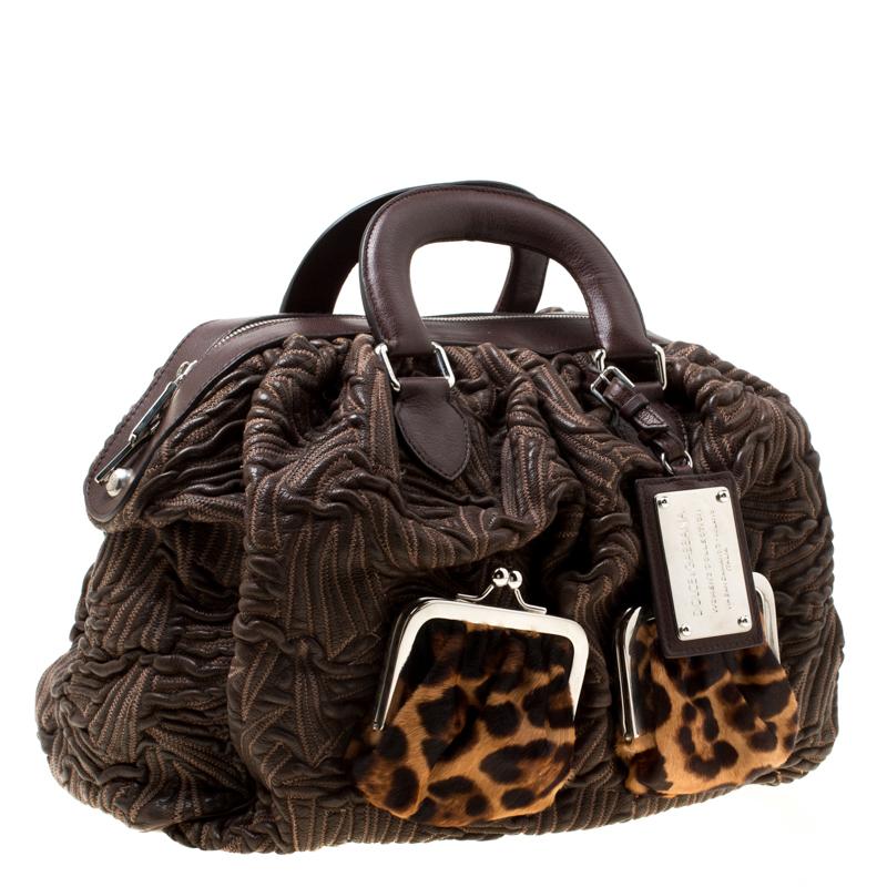 Black Dolce and Gabbana Brown Textured Leather Miss Curly Bag