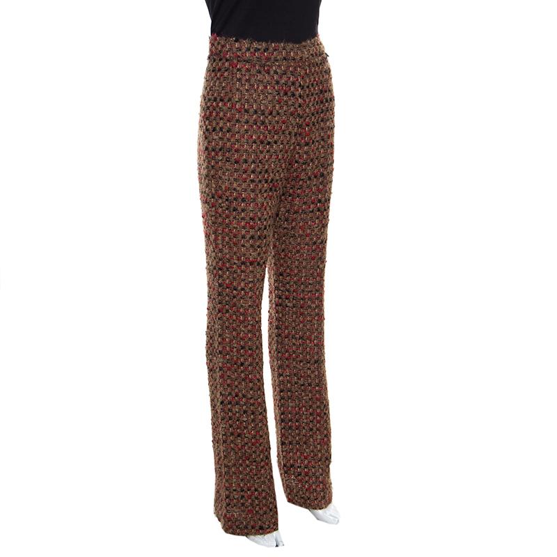 Women's Dolce and Gabbana Brown Textured Wool Blend High Rise Wide Leg Trousers S